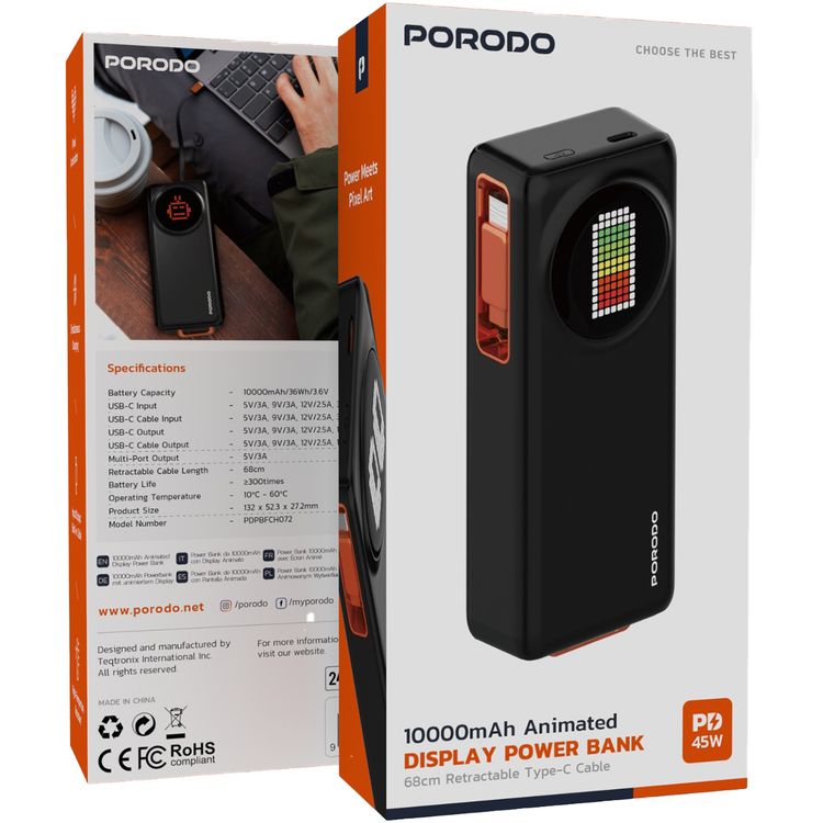 Porodo 10000mAh Animated Display Power Bank with 68cm Retractable Type-C Cable, Over 300 Charge Cycles, 45W Power Delivery, Simultaneous Charging - Black
