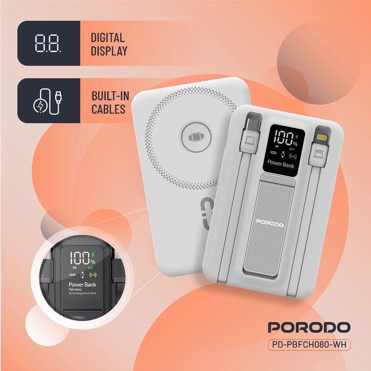 بورودو بنك طاقة لاسلكي مغناطيسي 10000 مللي أمبير/ساعة مع حامل كابل مدمج USB-C + Lightning، شحن متزامن، شاشة رقمية، PD 22.5 واط - أبيض