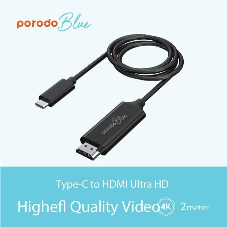 Porodo Blue Type-C to HDMI Ultra HD Cable with 2m Length, High-grade Copper Material, Highest Quality Video, Plug & Play - Black