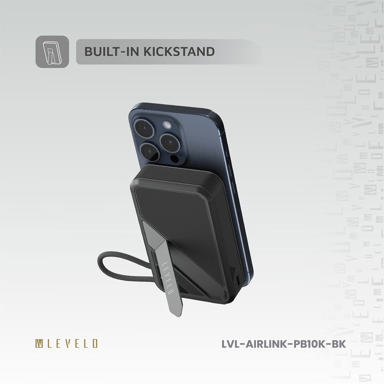 باور بانك Levelo Air Link 10000mAh MagSafe مع حامل وInt، وكابل إدخال/إخراج Type-C مدمج، وحامل مدمج، وشحن سريع Qi2 15 وات، وكابل قبضة، وشحن متزامن - أسود