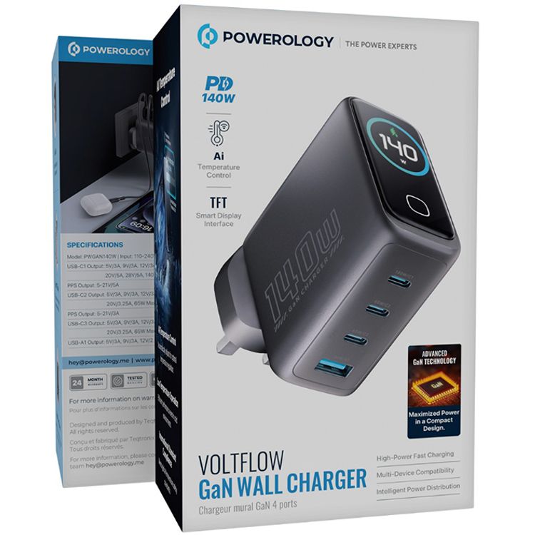 Powerology Voltflow GaN Wall Charger with PD 140W, Single USB-A & Triple USB-C Ports, Ai Temperature Control, Fast Charge Support, Multiple Device Compatibility, TFT Smart Display Interface - Black
