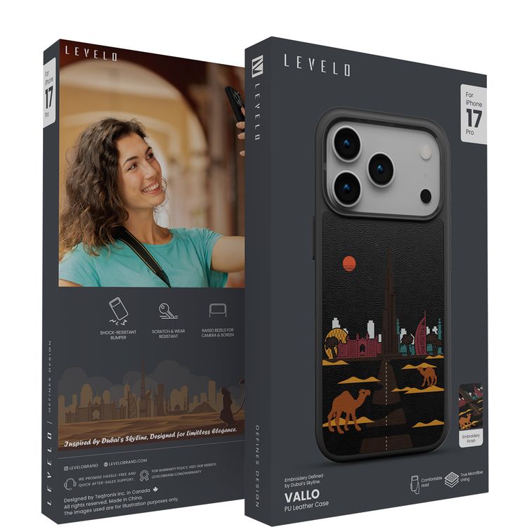 Levelo Vallo PU Leather Case for iPhone 17 Pro with Embroidery Dubai Finish, Comfortable Hold, Durable PU Leather, Raised Bezels for Camera and Screen, True Microfiber Interior Lining, Scratch & Wear Resistant, Shock-Resistant Bumper - Midnight Black