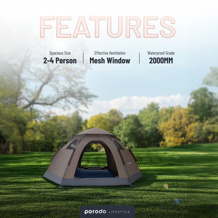 Porodo Lifestyle Automatic Camping Tent for Up to 4 People, Mesh Window, Water-Proof & Wind-Resistance, Quick & Easy Set-Up, Includes Ground Nails & Storage Bag - Brown