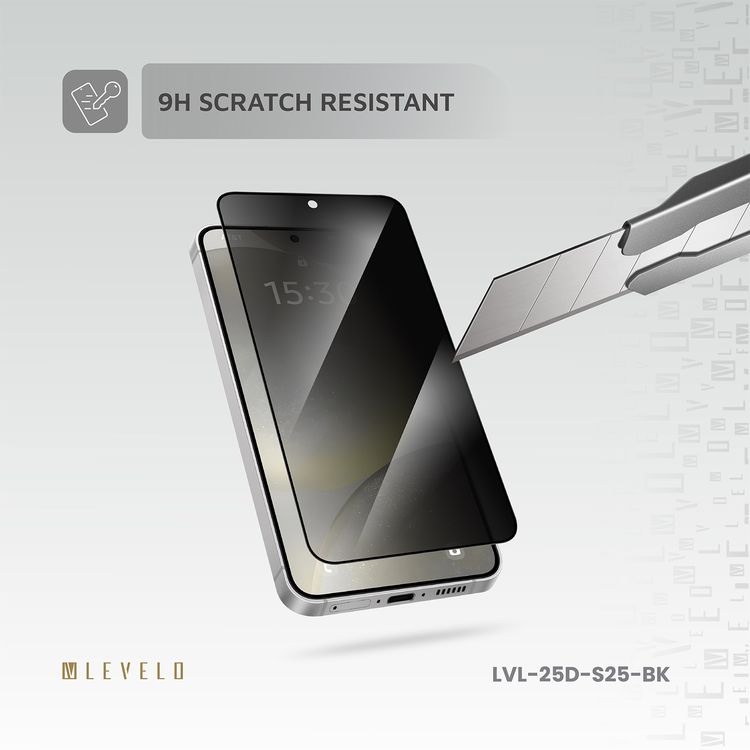 Levelo 2.5D Silk Print HD Privacy Glass for Samsung Galaxy S25, High Silicone Aluminum, 0.25mm Ultra Thin, Scratch-Resistant, Oleophobic & Hydrophobic Coating, Instant Fingerprint Unlock, Air Bubble Prevention, Explosion- Proof, Auto-Exhaust - Black