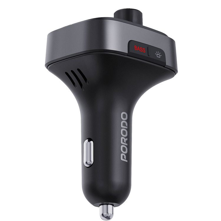 Porodo Smart Car Charger FM Transmitter with Dual PD 30W, Bluetooth 5.4, USB Disk Reading, Car Battery Voltage Display, Crisp Mic, Bass Boost Sound, LED Ambient Light, and FM Audio Streaming – Black
