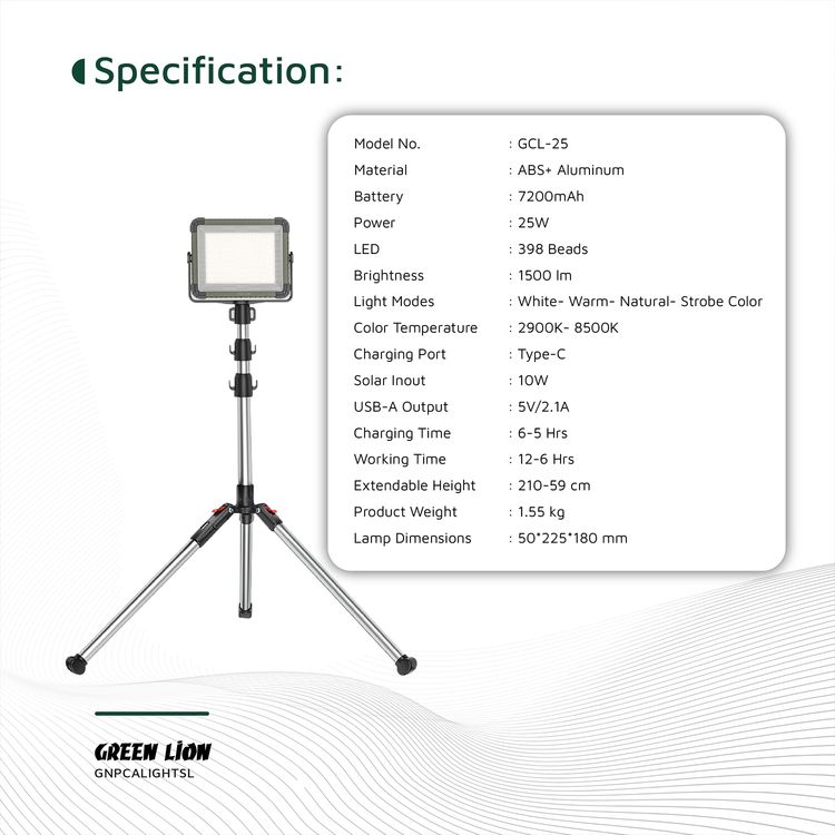 Green Lion Solar Camping Light with Power Bank Function, Up to 12 Hours Working Time, 4 Light Modes, 2.1m Maximum Adjustable Height, Digital Battery Display, 1500lm Brightness - Silver