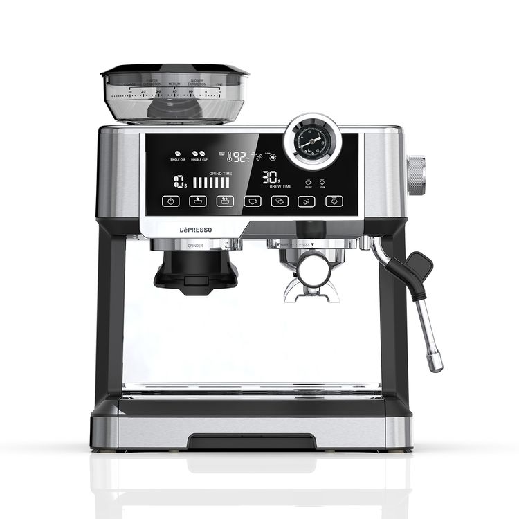 LePresso Dual Boiler Espresso Machine with Adjustable Grinder, Automatic Shutdown, Milk Frothing Nozzle, CUP Warmer - Silver