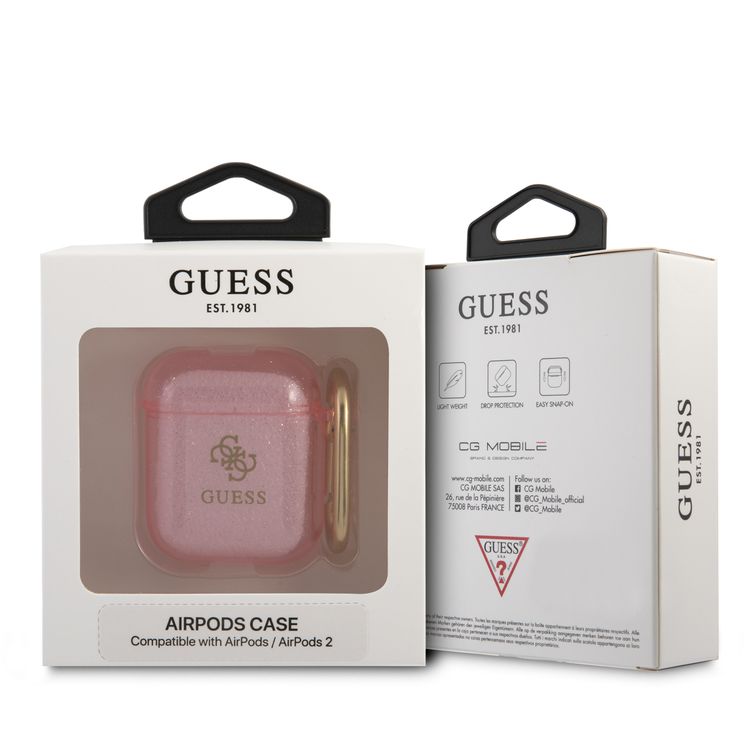 Guess Glitter Case for AirPods 1&2 Generation with Accurate Cutouts, Easy Snap-on, Drop Protection, TPU Material, Lightweight - Pink