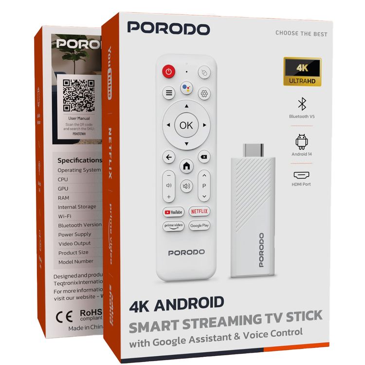 بورودو جهاز بث تلفزيوني ذكي بدقة 4K يعمل بنظام أندرويد مع منفذ HDMI، إصدار بلوتوث 5.0، أندرويد 14.0، تحكم صوتي ومساعد جوجل، أداء رباعي النواة، واي فاي مزدوج النطاق، تصميم جاهز للتوصيل والتشغيل - بالأبيض