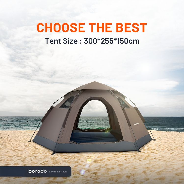 Porodo Lifestyle Automatic Camping Tent for Up to 4 People, Mesh Window, Water-Proof & Wind-Resistance, Quick & Easy Set-Up, Includes Ground Nails & Storage Bag - Brown