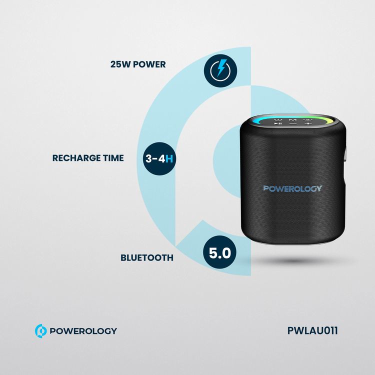 Powerology Portable Loud Speaker, 4000mAh Battery Capacity, Bluetooth Version 5.0, 3-4 Hours Charging Time, 8 Hours Working Time - Black