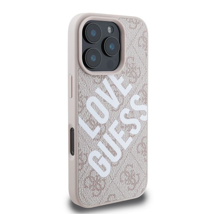 Guess PU 4G Hard Case with Big Love Guess Logo For iPhone 16 Pro Max, High Quality Material, Lightweight, Easy Snap-on - Pink