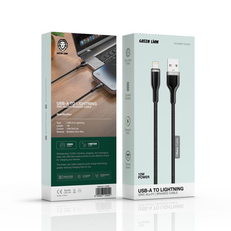 Green Lion USB-A To Lightning 12W Braided Zinc Alloy Cable with Durable Braided, Zinc Alloy Finish, Charge & Sync - Black