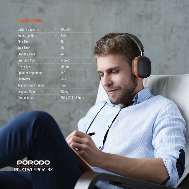 Porodo Soundtec Vibe Wireless Headphones with 36 Hours Play Time, Bluetooth Version 5.3, 2.5 Hours Charging Time, Type-C Charging Port - Black