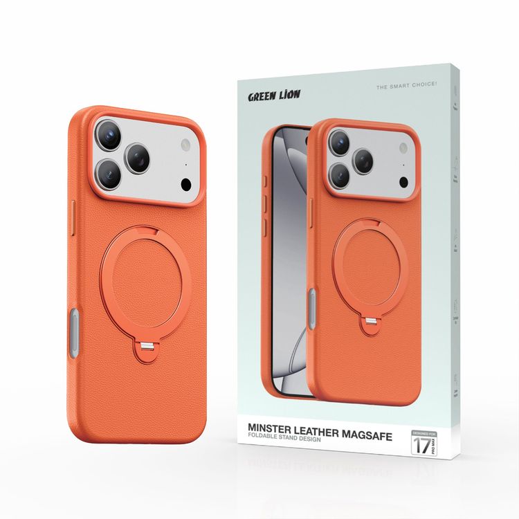 Green Lion Minster Leather MagSafe Case with Foldable Stand Design for iPhone 17 Pro Max, Anti-Fingerprint, 360° Rotatable Stand, Anti-Scratch, Camera Protection, Comfortable Grip - Orange