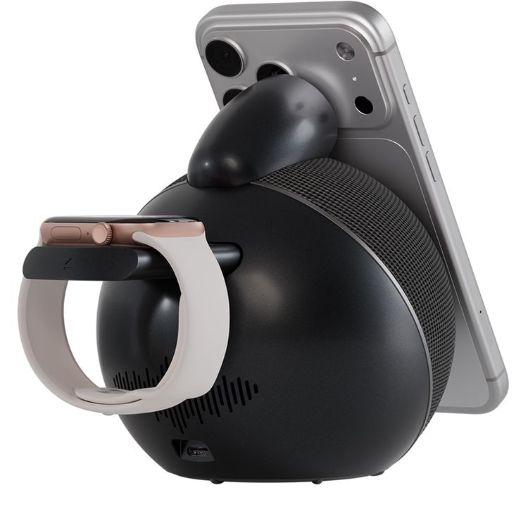 Levelo Aira 2-in-1 Wireless Charger with Built-in 10W Speaker, Shock-Absorbing Bottom Pad, Dual-Frequency Bionic Cavity, Ambient Glow Light, Qi2.2 Technology, Integrated Sound, N52 Strong Magnets, 10m Transmittance Distance, Compact Sphere Design, Impressive Sound - Black