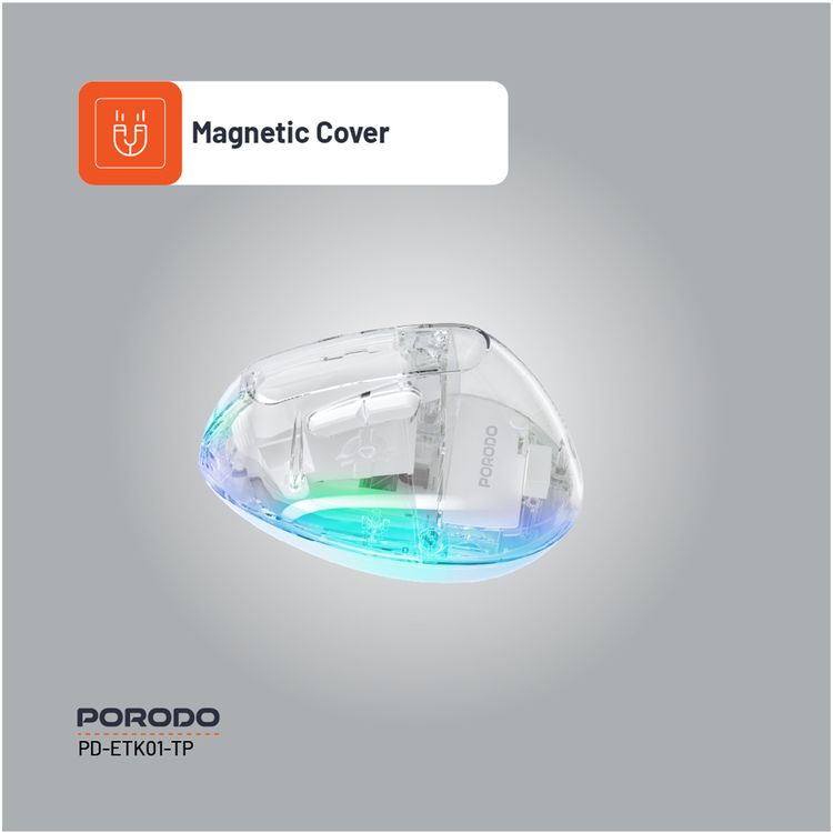 Porodo Vertical 4800 DPI Wireless Mouse with Crystal Shell, Magnetic Cover, Adjustable DPI, Dual Mode, Plug & Play, Type-C Charging Interface - White