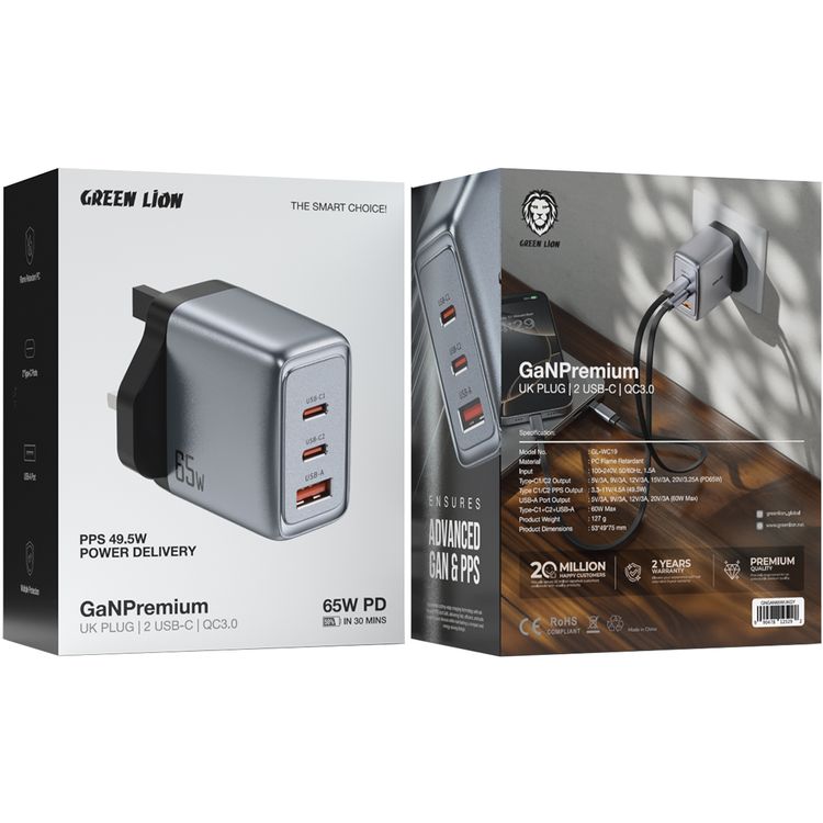 Green Lion GaNPremium UK Plug Wall Charger with 65W Power Delivery, 0%-50% Charge in 30 Minutes, PC Flame Retardant Material, Multiple Protection, Dual USB-C & USB-A Ports - Gray