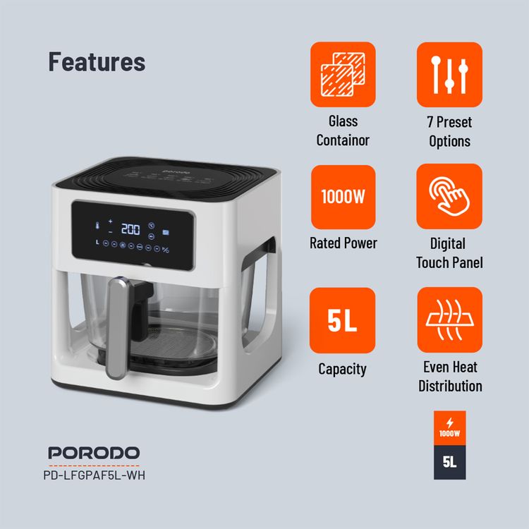 Porodo Lifestyle Glass Pot Air Fryer with a Touch Panel,1000W Rated Power, 5 Liter Capacity, 80-200°C Temperature Control - White