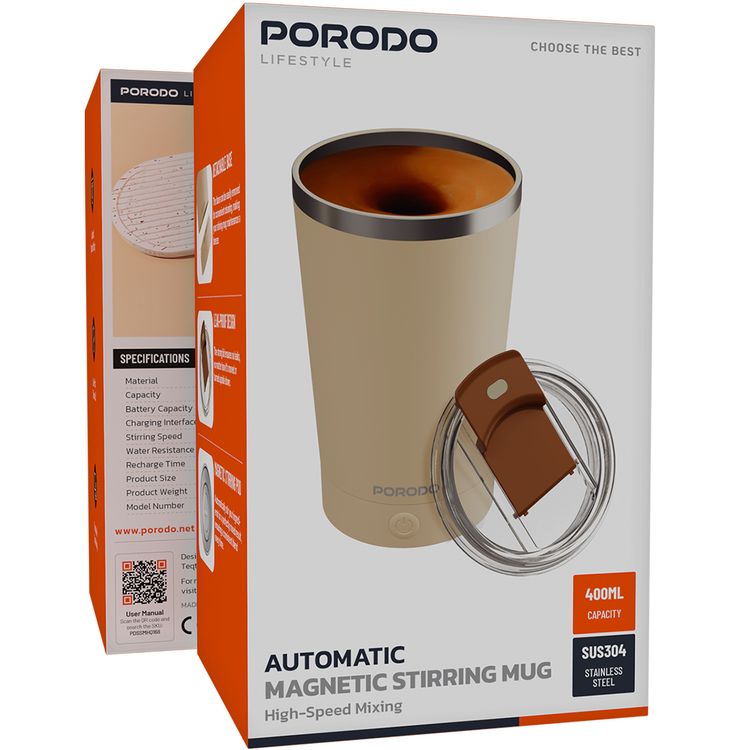 Porodo Automatic Magnetic Stirring Mug with Detachable Base Design, 7000RPM Stirring Speed, IPX6 Water-Resistance Level, 400mL Capacity, Leakproof Silicone Lid, 300mAh Battery, USB-C Charging Port - Cream