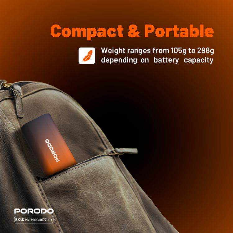 Porodo PB077 20000mAh Power Bank with  Integrated Type-C Cable, PD 20W, Type-C Ports, Portable Design, Fast Charge Support - Black