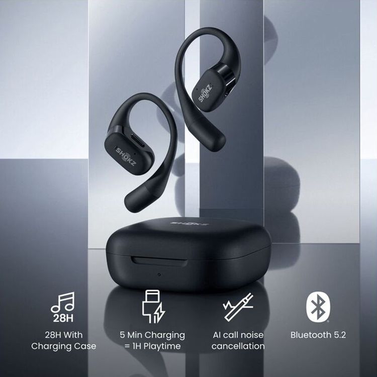 SHOKZ OpenFit True Wireless Earphones, Up to 28 Hours Battery Life, Up to 120 Minutes Charging Time, Built-in Microphone, AI Call Noise Reduction, 10 m Wireless Range - Black