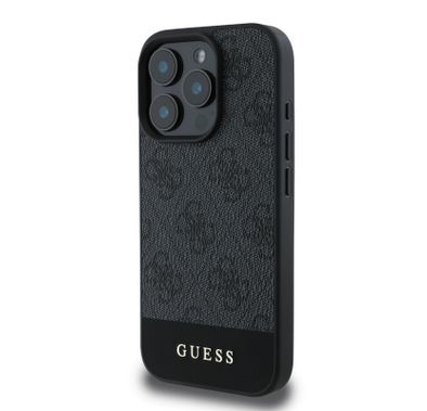 Guess PU 4G Leather Hard Case with Bottom Stripe For iPhone 16 Pro, Premium Material, Extra Shield Protection, Precise Cutouts, Drop Protection, Slim Profile, Easy Snap-On - Gray