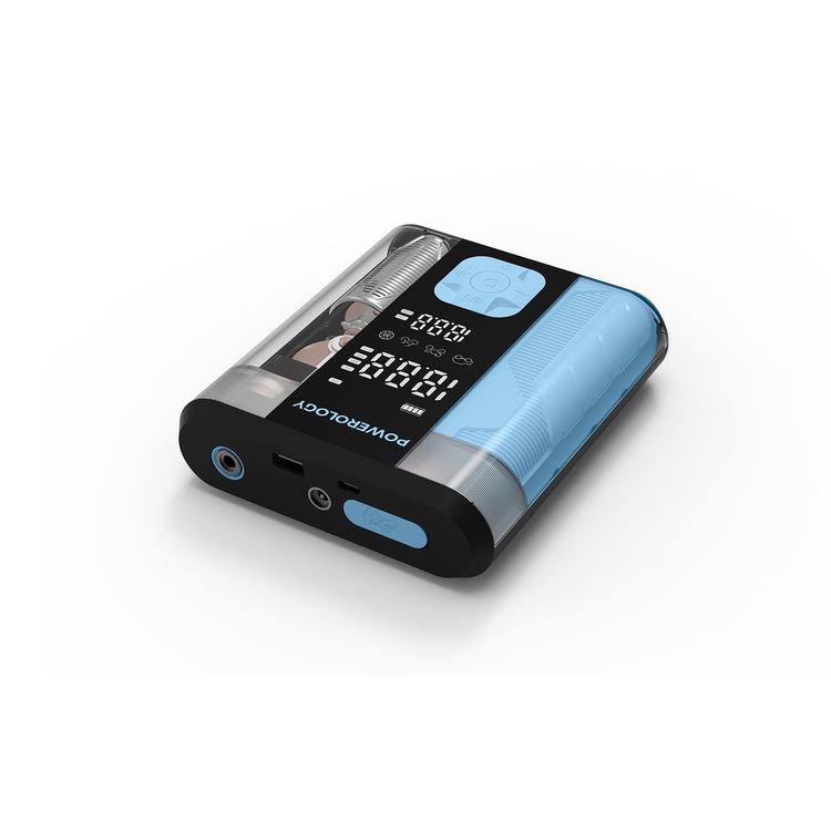 Powerology 3 in 1 Jump Starter & Tire Inflator with Digital Pressure Display, Fast PD Charging, Auto-Stop Inflation, 3-In-1 Power Utility, Smart Inflation System, 0.01-Bar Precision, 12000mAh Battery Capacity - Black/Blue