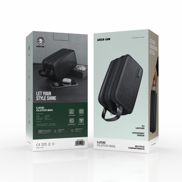 Green Lion Lucid Clutch Bag, 3 Compartments, Mesh Pockets, Sturdy Handle, Microfiber Interior, Water-Resistant PU Leather Exterior, Zinc Alloy Zipper - Black 