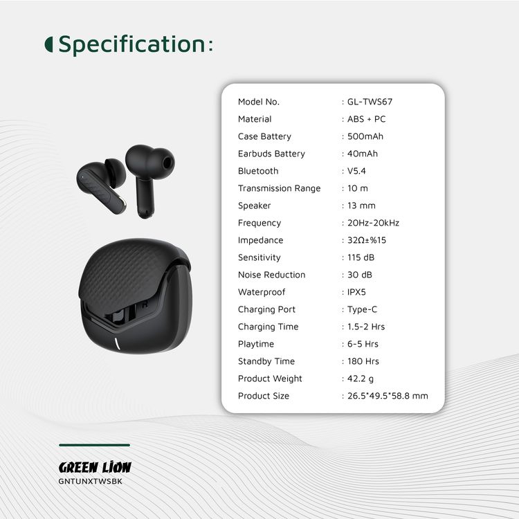 Green Lion Tune X Wireless Earbuds Tune with Touch Control, IPX3 Water Resistance Level, Type-C Charging Port, Bluetooth Version 5.4, In-App Control, ABS + PC Material - Black