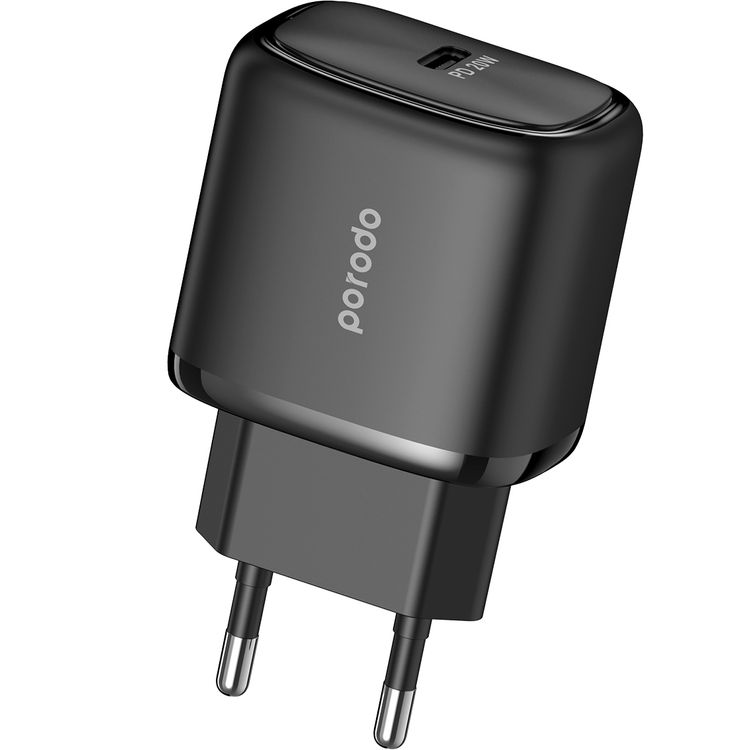 Porodo EU Quick Charger with 1.2m USB-C to USB-C Cable, 20W Power Delivery, Overheat Protection, Simultaneous Charging, 0%-60% Charge in 35 Minutes - Black