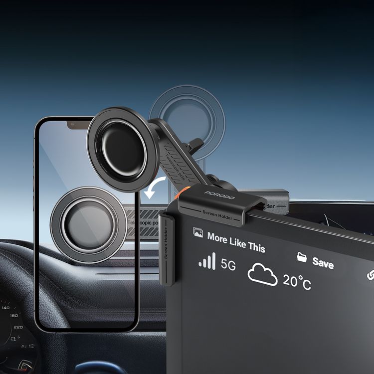 Porodo ClavoMag 360° Adjustable Car Mount, 15mm Screen Thickness, Strong N52 Magnets, Powerful Suction, Quick Installation, -20° - 75°C Operating Temperature - Black