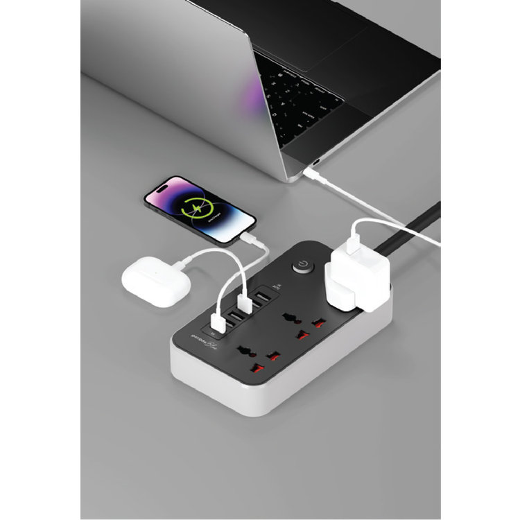 Porodo Blue Multi-Port Power Socket with, 2500W Rated Power, 5V/3A USB Output, X6 USB-A Ports, 2 meters cable - Black