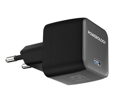 Powerology QX 45W Pocket-Sized GaN Adapter with Safety Protections, USB-C Port, Ultra-Compact Design, EU 2-Pin Plug, PD 45W - Black / Gray