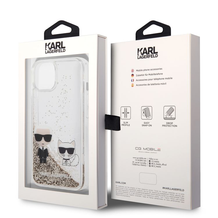 Karl Lagerfeld Liquid Glitter Silicone Case Karl and Choupette Protector iPhone 14 Compatibility - Gold