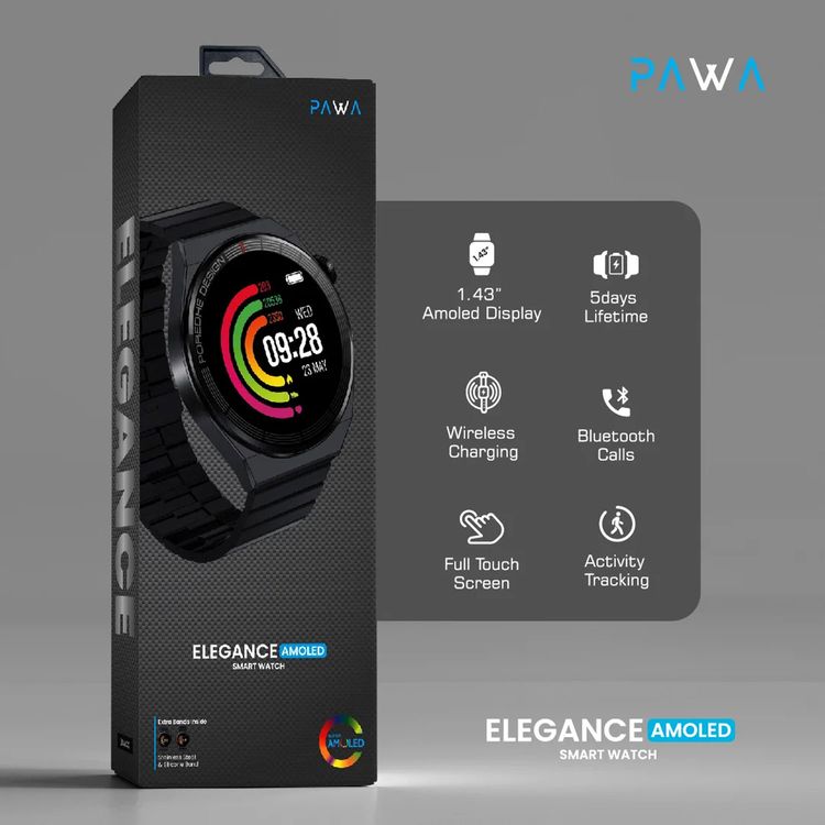 ساعة Pawa Elegance Amoled الذكية بشاشة لمس كاملة وشحن لاسلكي - أسود