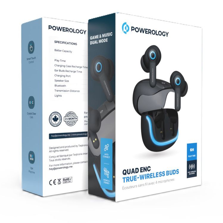 سماعات أذن لاسلكية Powerology Quad Mic ENC True، وقت تشغيل يصل إلى 6 ساعات، بلوتوث 5.3، شحن من النوع C، مسافة نقل 10 أمتار، أضواء RGB - أسود