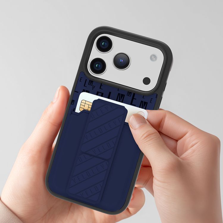حافظة Levelo Morphix GripStand مع حامل بطاقات لجهاز iPhone 17 Pro، تصميم فاخر بطباعة العلامة التجارية، ممتص للصدمات، حواف مرتفعة للكاميرا والشاشة، حامل بتقنية الحزام المغناطيسي - أزرق منتصف الليل.