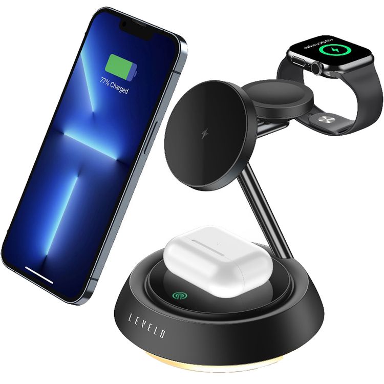 Levelo Sienese 3-in-1 Wireless Charger with MagSafe Compatibility, 15W Output Power, 0.8kg Magnetic Attraction, Heat Dissipation System, Anti-Slip Mat, Night Light - Black