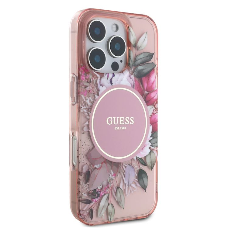 Guess Magsafe IML Transparent Hard Case with Flower Design & Tonal Circle Logo for iPhone 16 Pro, Lightweight, High Quality Material - Pink