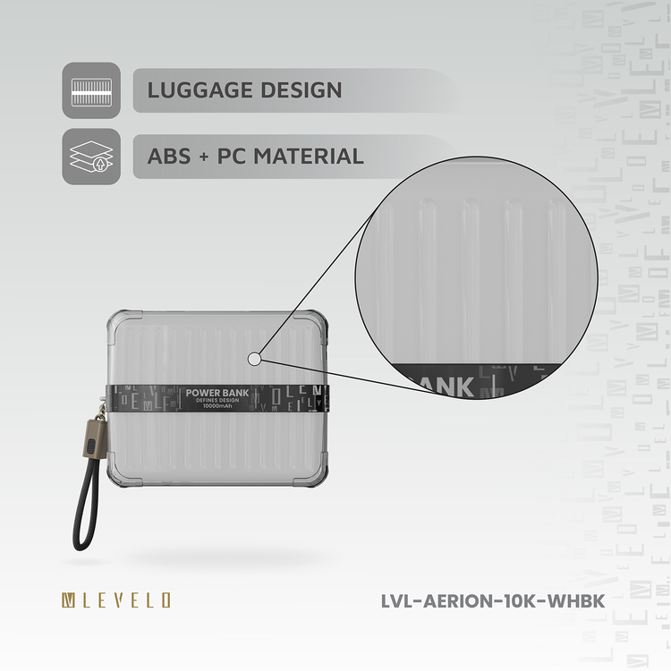 Levelo  Aerion Portable 10000mAh Power Bank with Luggage Design, LED Display, Over Current Protection, Lithium-ion Battery, Grip Cable, Fast Charging Support - White / Black  