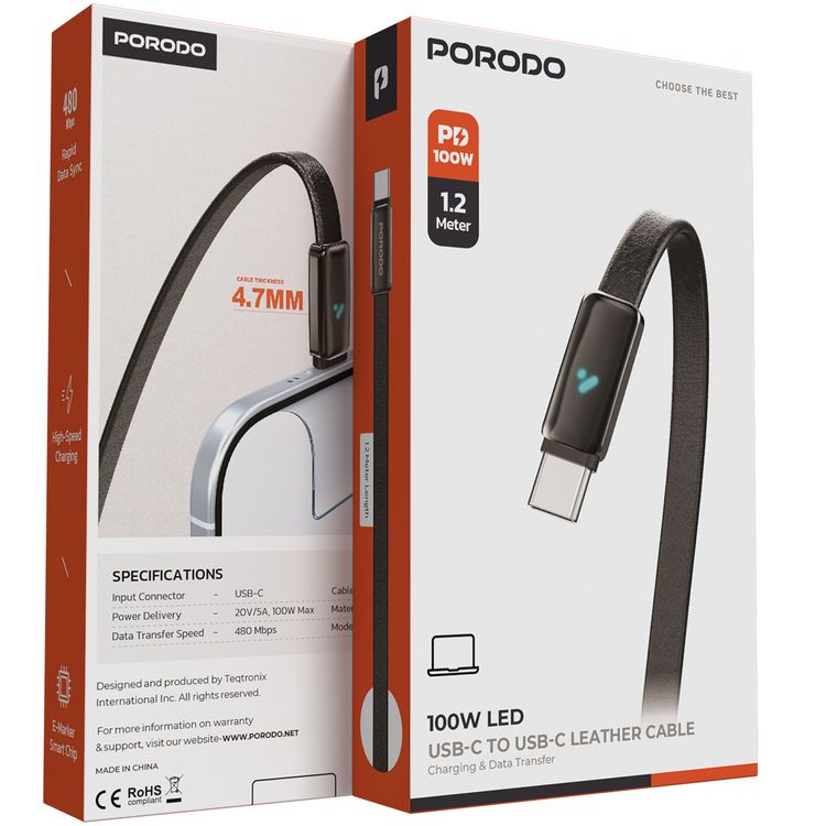 Porodo 100W Led USB-C to USB-C Leather Cable, Charging & Data Transfer, 1.2m cable Length, High Speed Charging, 4.7mm Cable Thickness, 480Mbps Data Transfer Speed - Black 