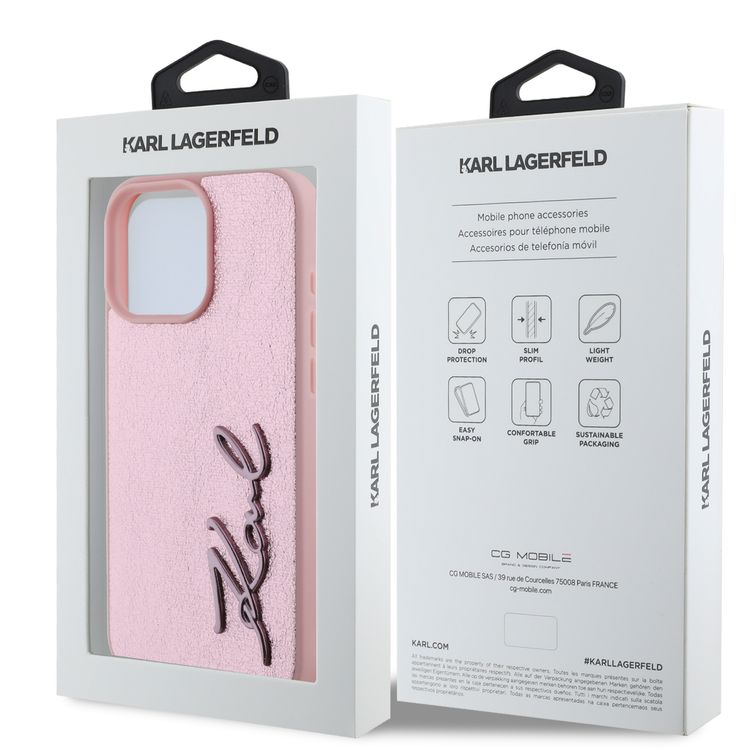 Karl Lagerfeld Wrinkled Design PU Hard Case with Metal Signature Logo for iPhone 16 Pro Max, Slim Profile, Comfortable Grip, Drop Protection, Lightweight, Sustainable Packing - Pink 