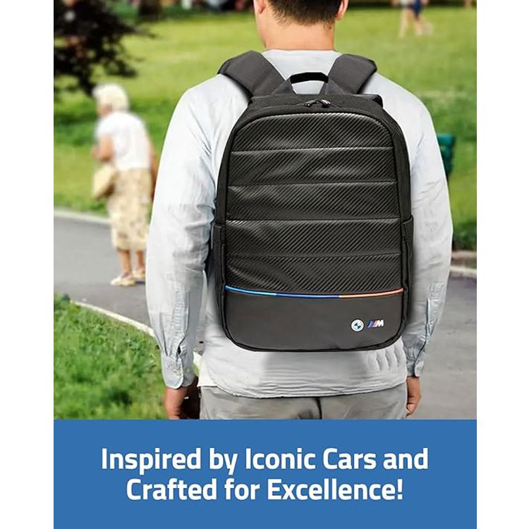 BMW Carbon & Leather Tricolor 15" Backpack with High-Quality Nylon + Synthetic Leather & Polyester Lining Material, Multiple Pockets, Adjustable Shoulder Strap, Water Resistant, Scratch-Resistant - Black