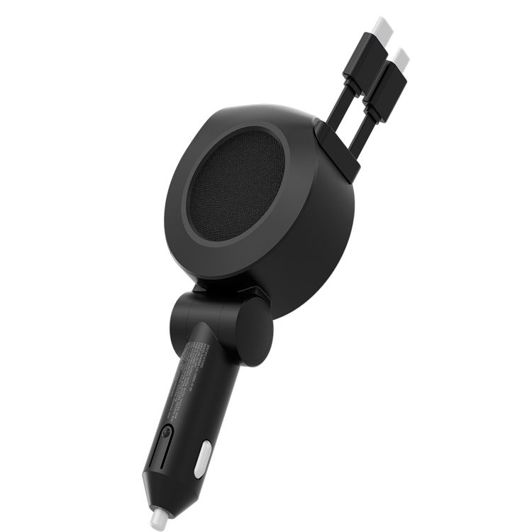 Levelo Orbis 4-in-1 Saffiano Leather Car Charger with Built-in Retractable 2 Type-C Cable, USB-A & USB-C Output Port, 80 cm Retractable Cables Length - Black