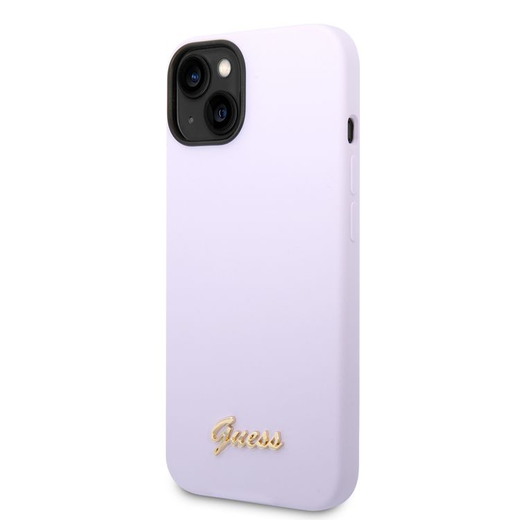 Guess Liquid Silicone Case With PC Camera Outline & Script Metal Logo - iPhone 14 - Purple