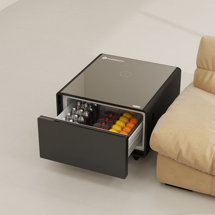 Powerology 65L Mini Side Table Fridge with LED Display and Wireless Charger, Compact Design, Glass Top, USB & Type-C Charging Port, Quiet Operation, Touch Display, 2 AC Sockets - Black