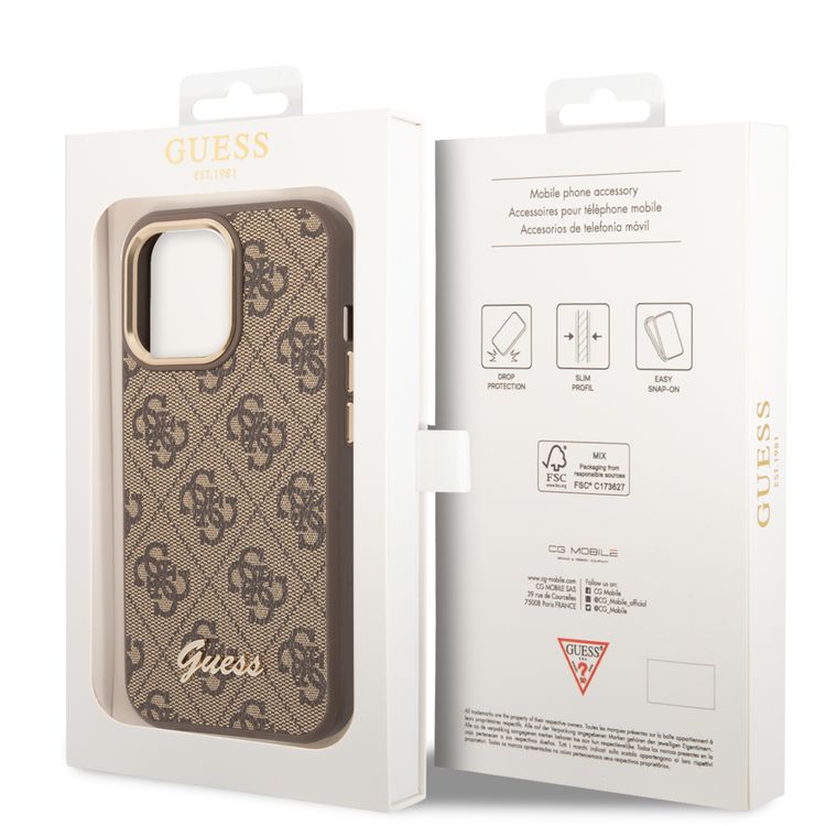 Guess PC/TPU 4G PU Case with Metal Camera Outline & Buttons iPhone 14 Pro Max Compatibility - Brown