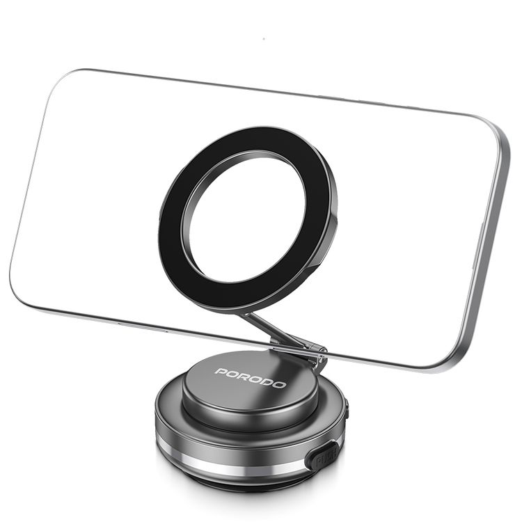 Porodo Vacuum Lock MagSafe Phone Holder with One-Touch Electric Suction, 100mAh Battery, N52 Magnets, 360° Rotation, Adjustable Viewing Angle, Foldable State, Multi-Surface Mount, ABS, Silicone & Zinc Alloy Material - Black