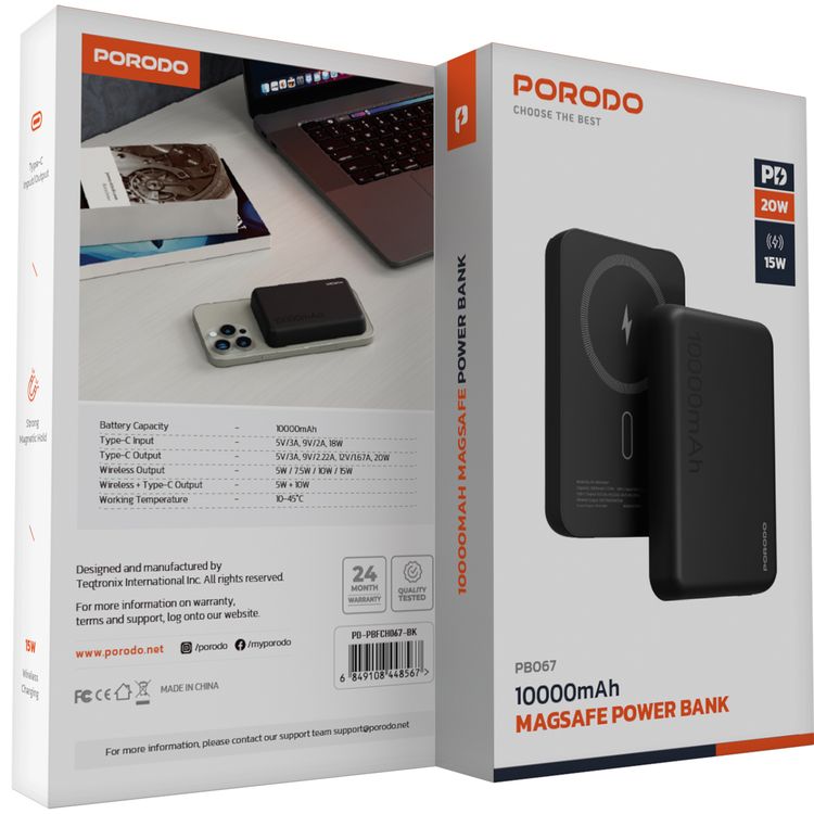 Porodo 10000mAh MagSafe Power Bank, Fast Charge, Portable & Compact Design, Type-C Input, Type-C & Wireless Outputs, 10° C-45° C Working Temperature, Strong Magnetic Hold, 20W Power Delivery - Black
